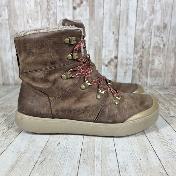 KEEN Waterproof Leather Winter Boots Mens Size 9 Lace Up Brown Faux Fur - Picture 1 of 8